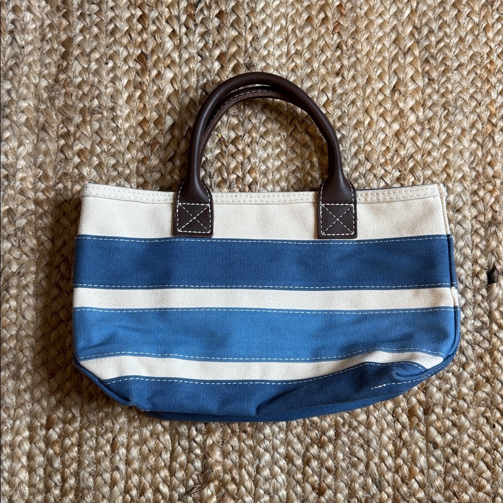 L.L.Bean Blue White Striped Yellow Lab DogLeather Strap Purse Mini Small - Picture 2 of 8